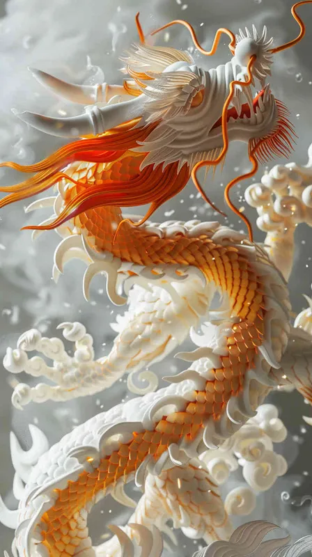 a cute Chinese dragon:2, 4 feet,fly in the sky,super detail,realistic hair,C4D rendering、IP design,white, orange,resin,3d,blender,fine material rendering,2.5d,bright colors,simple background,detailed rendering,8k,rich detail,front view, - style4部分