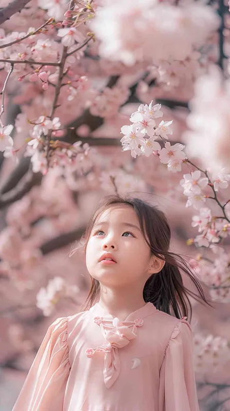 一個亞洲女孩穿著粉紅色長裙，在日本公園，櫻花樹下，七至八歲,人物是靜態，旁邊是櫻花樹,日系清新，風格真實，用canon相機拍攝 - style2部分