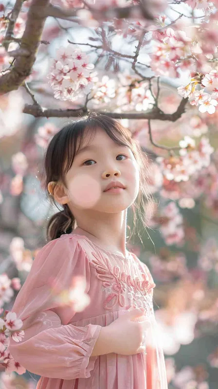 一個亞洲女孩穿著粉紅色長裙，在日本公園，櫻花樹下，七至八歲,人物是靜態，旁邊是櫻花樹,日系清新，風格真實，用canon相機拍攝 - style3部分