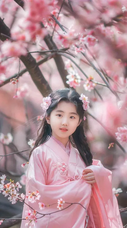 一個亞洲女孩穿著粉紅色長裙，在日本公園，櫻花樹下，七至八歲,人物是靜態，旁邊是櫻花樹,日系清新，風格真實，用canon相機拍攝 - style4部分