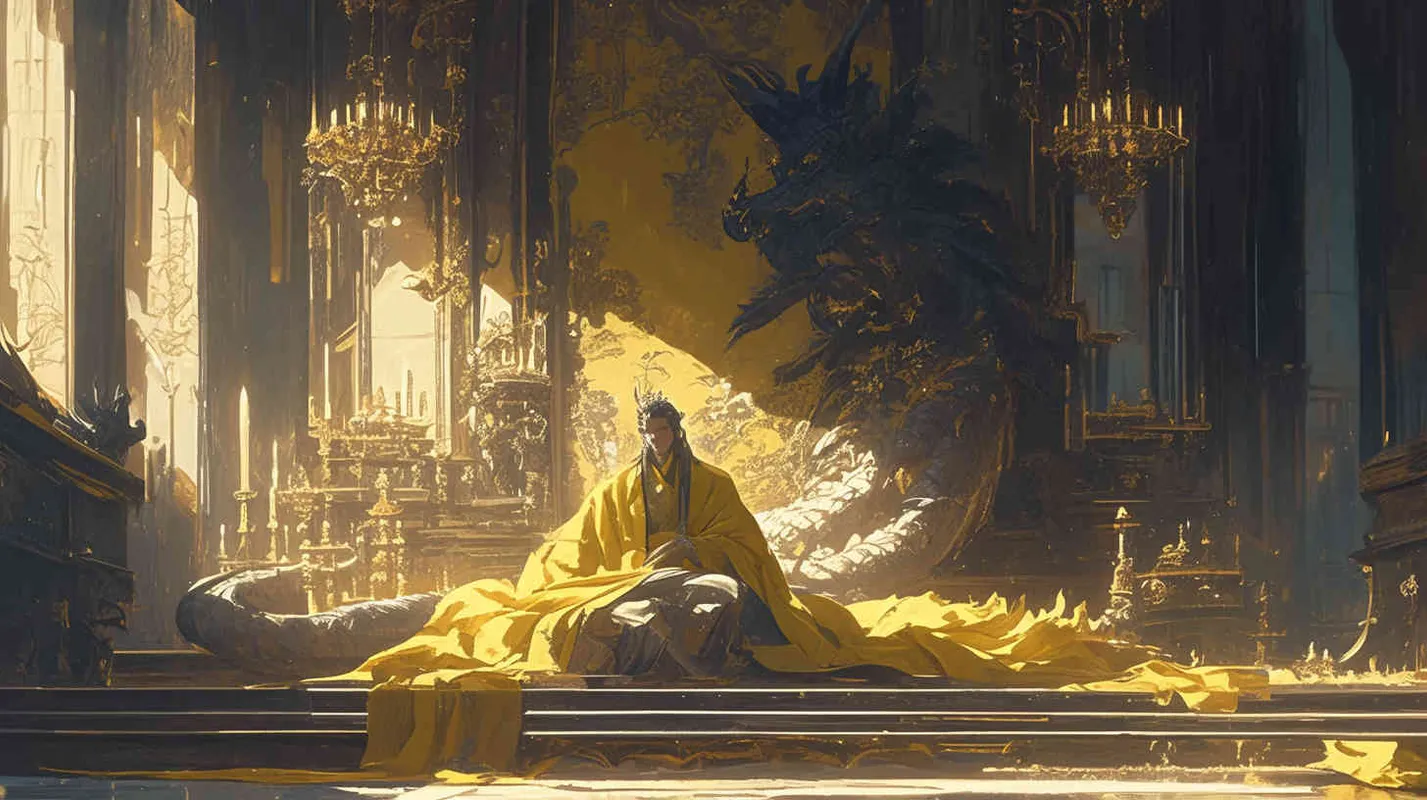 In the magnificent palace, an ancient man wearing a yellow dragon robe slept on a dragon bed, with a worried expression on his face. - AI绘画作品展示 | Midjourney中文版生成