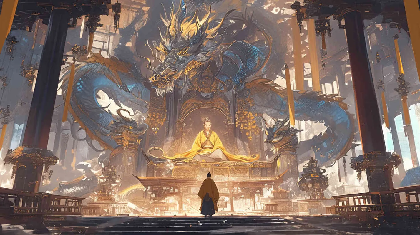 In the magnificent palace, an ancient man wearing a yellow dragon robe slept on a dragon bed, with a worried expression on his face. - AI绘画作品展示 | Midjourney中文版生成