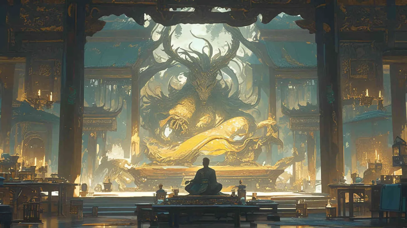 In the magnificent palace, an ancient man wearing a yellow dragon robe slept on a dragon bed, with a worried expression on his face. - AI绘画作品展示 | Midjourney中文版生成