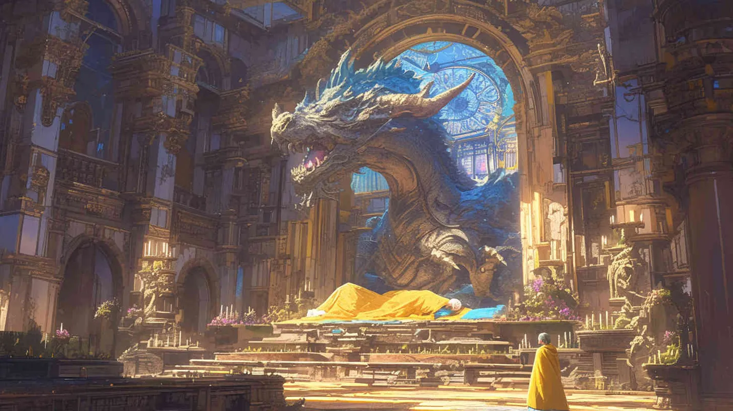 In the magnificent palace, an ancient man wearing a yellow dragon robe slept on a dragon bed, with a worried expression on his face. - AI绘画作品展示 | Midjourney中文版生成