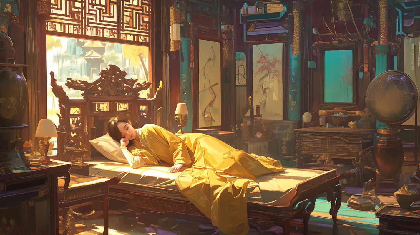 In the magnificent palace, an ancient young man wearing a yellow robe slept on the bed, with a handsome face and a worried expression. Chinese style. - style2部分