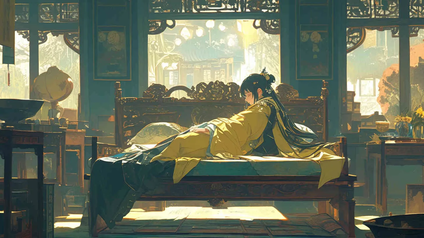 In the magnificent palace, an ancient young man wearing a yellow robe slept on the bed, with a handsome face and a worried expression. Chinese style. - style3部分