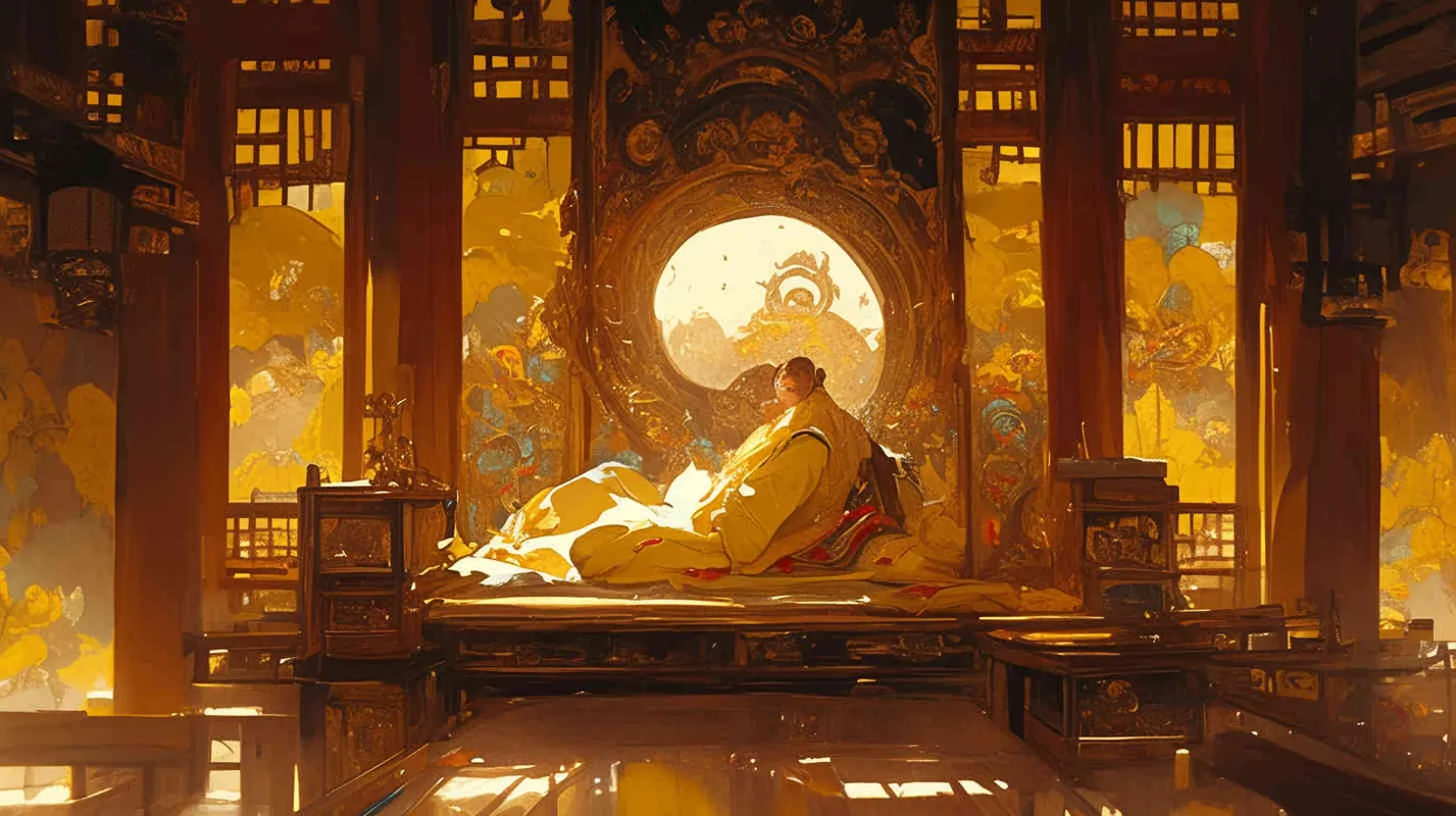 In the magnificent palace, an ancient young man wearing a yellow robe slept on the bed, with a handsome face and a worried expression. Chinese style. - style4部分