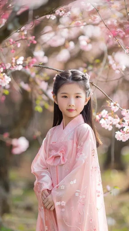 一個亞洲女孩穿著粉紅色長裙，在日本公園，櫻花樹下，七至八歲,人物是靜態，旁邊是櫻花樹,日系清新，用canon相機拍攝 ，風格真實,和現實一樣 - style2部分