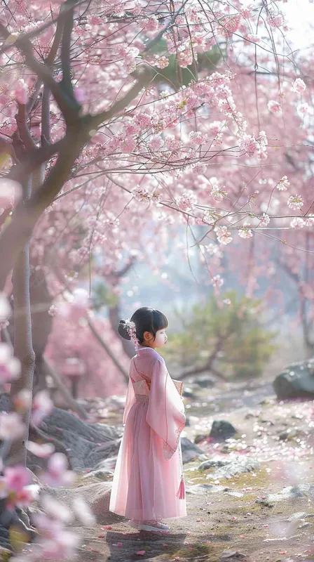 一個亞洲女孩穿著粉紅色長裙，在日本公園，櫻花樹下，七至八歲,人物是靜態，旁邊是櫻花樹,日系清新，用canon相機拍攝 ，風格真實,和現實一樣 - style3部分