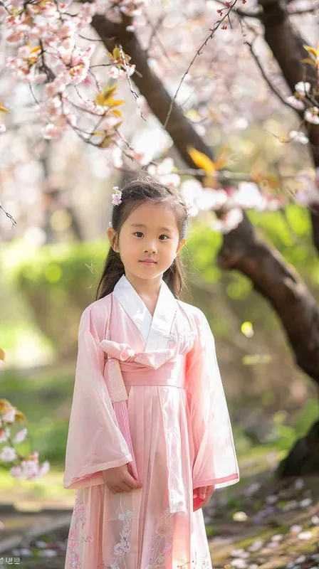 一個亞洲女孩穿著粉紅色長裙，在日本公園，櫻花樹下，七至八歲,人物是靜態，旁邊是櫻花樹,日系清新，用canon相機拍攝 ，風格真實,和現實一樣 - style4部分