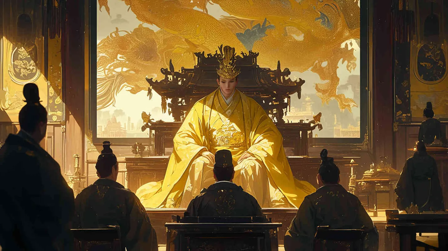 A handsome ancient man wearing a yellow dragon robe and a crown sat in a magnificent palace, with dozens of civil and military officials wearing black robes standing on either side of the hall, holding scrolls to report on national affairs. Chinese style. – AI绘画作品展示 | Midjourney中文版生成