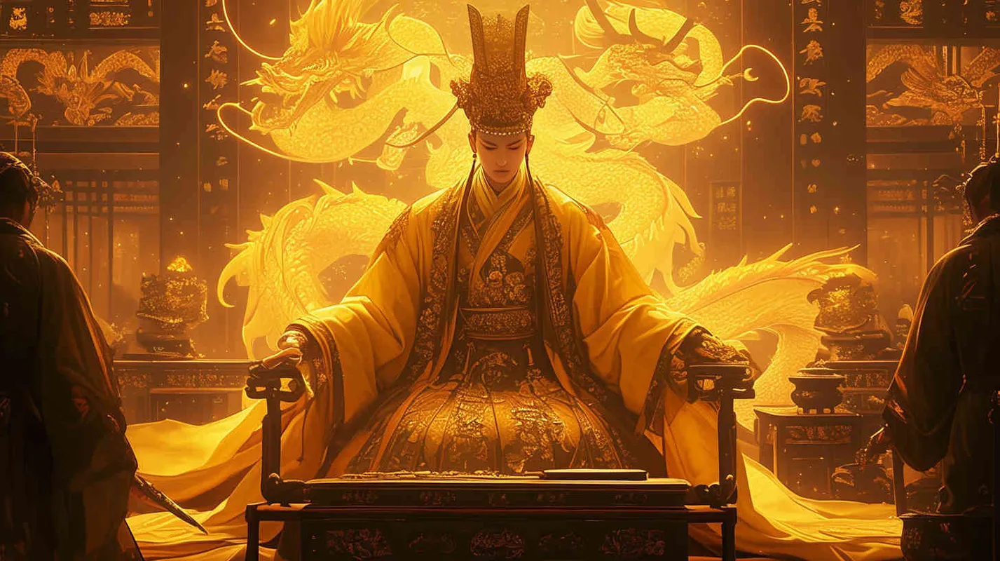 A handsome ancient man wearing a yellow dragon robe and a crown sat in a magnificent palace, with dozens of civil and military officials wearing black robes standing on either side of the hall, holding scrolls to report on national affairs. Chinese style. - AI绘画作品展示 | Midjourney中文版生成