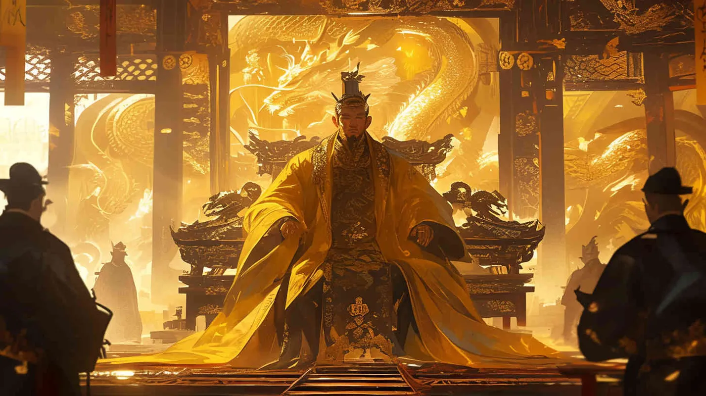 A handsome ancient man wearing a yellow dragon robe and a crown sat in a magnificent palace, with dozens of civil and military officials wearing black robes standing on either side of the hall, holding scrolls to report on national affairs. Chinese style. - AI绘画作品展示 | Midjourney中文版生成