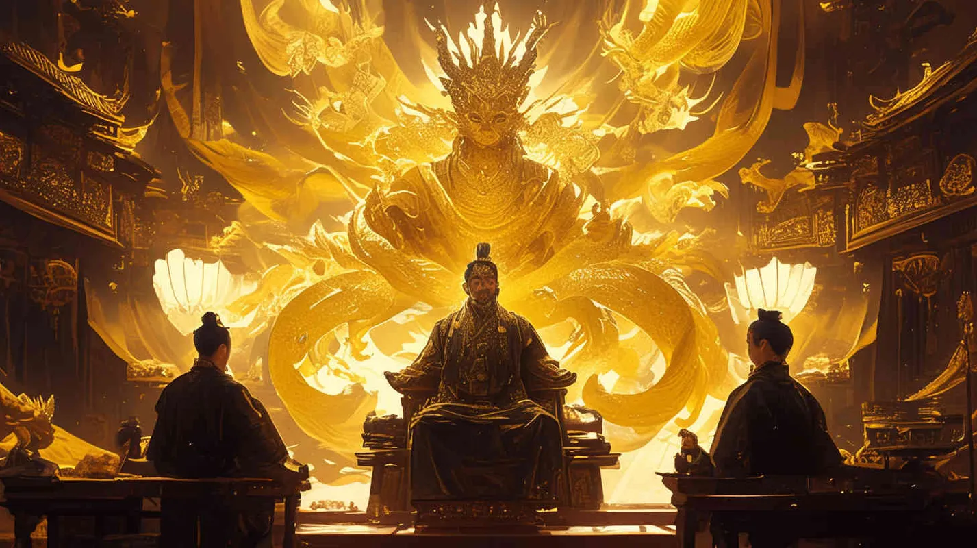 A handsome ancient man wearing a yellow dragon robe and a crown sat in a magnificent palace, with dozens of civil and military officials wearing black robes standing on either side of the hall, holding scrolls to report on national affairs. Chinese style. - AI绘画作品展示 | Midjourney中文版生成