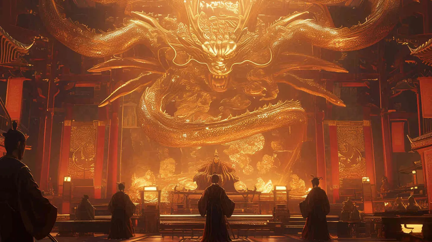 A handsome young man, tall and burly, with thick eyebrows and big eyes, a crown on his head, broad shoulders and thick back, wearing a yellow robe. His face is resolute and majestic, and his eyes are bright and lively. He is the ancestor of the Chinese people., Sitting in the magnificent palace, dozens of civil and military officials wearing black robes stood on both sides of the main hall, holding scrolls to report on national affairs. Chinese style. - style1部分