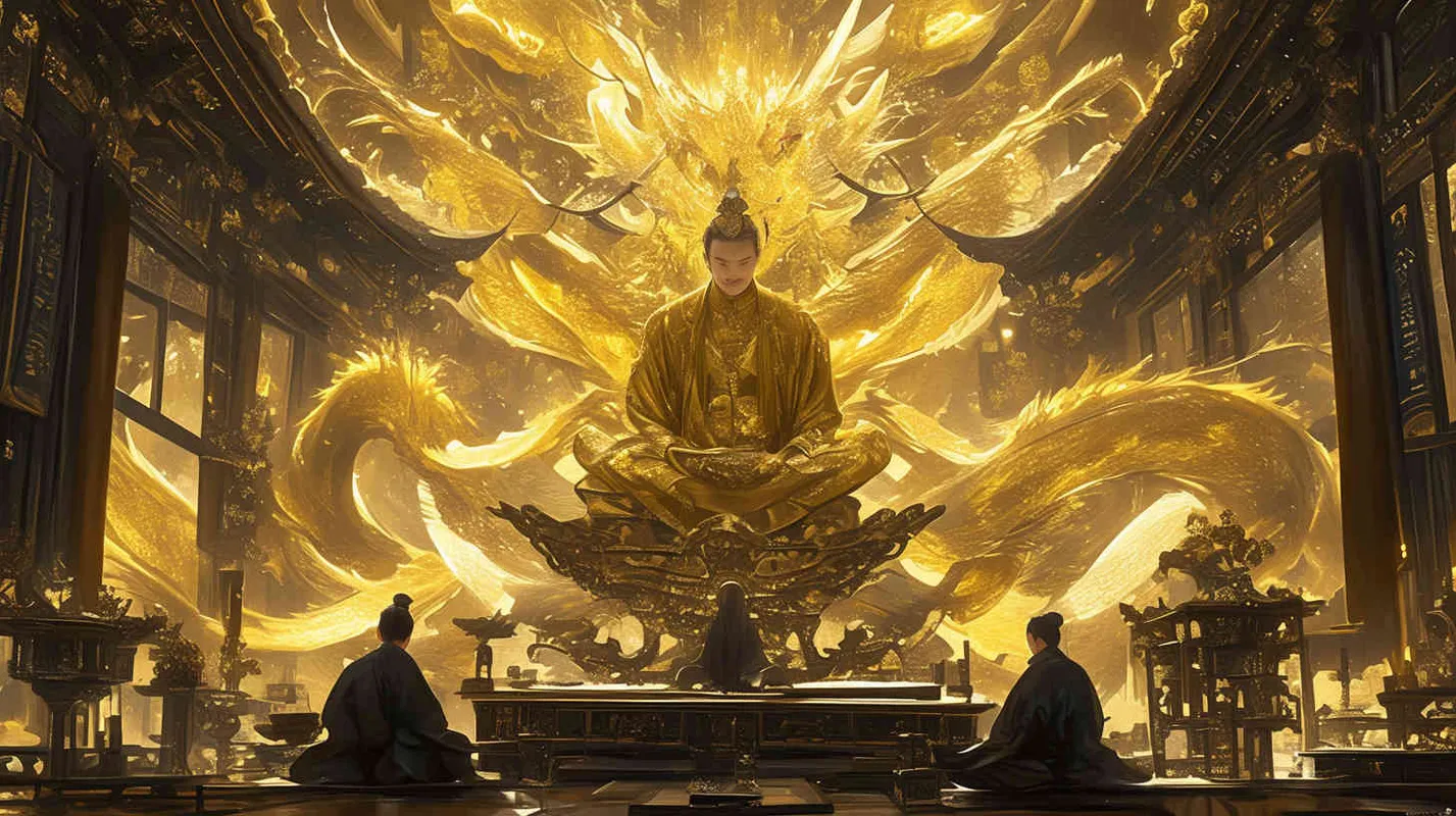 A handsome young man, tall and burly, with thick eyebrows and big eyes, a crown on his head, broad shoulders and thick back, wearing a yellow robe. His face is resolute and majestic, and his eyes are bright and lively. He is the ancestor of the Chinese people., Sitting in the magnificent palace, dozens of civil and military officials wearing black robes stood on both sides of the main hall, holding scrolls to report on national affairs. Chinese style. - style2部分
