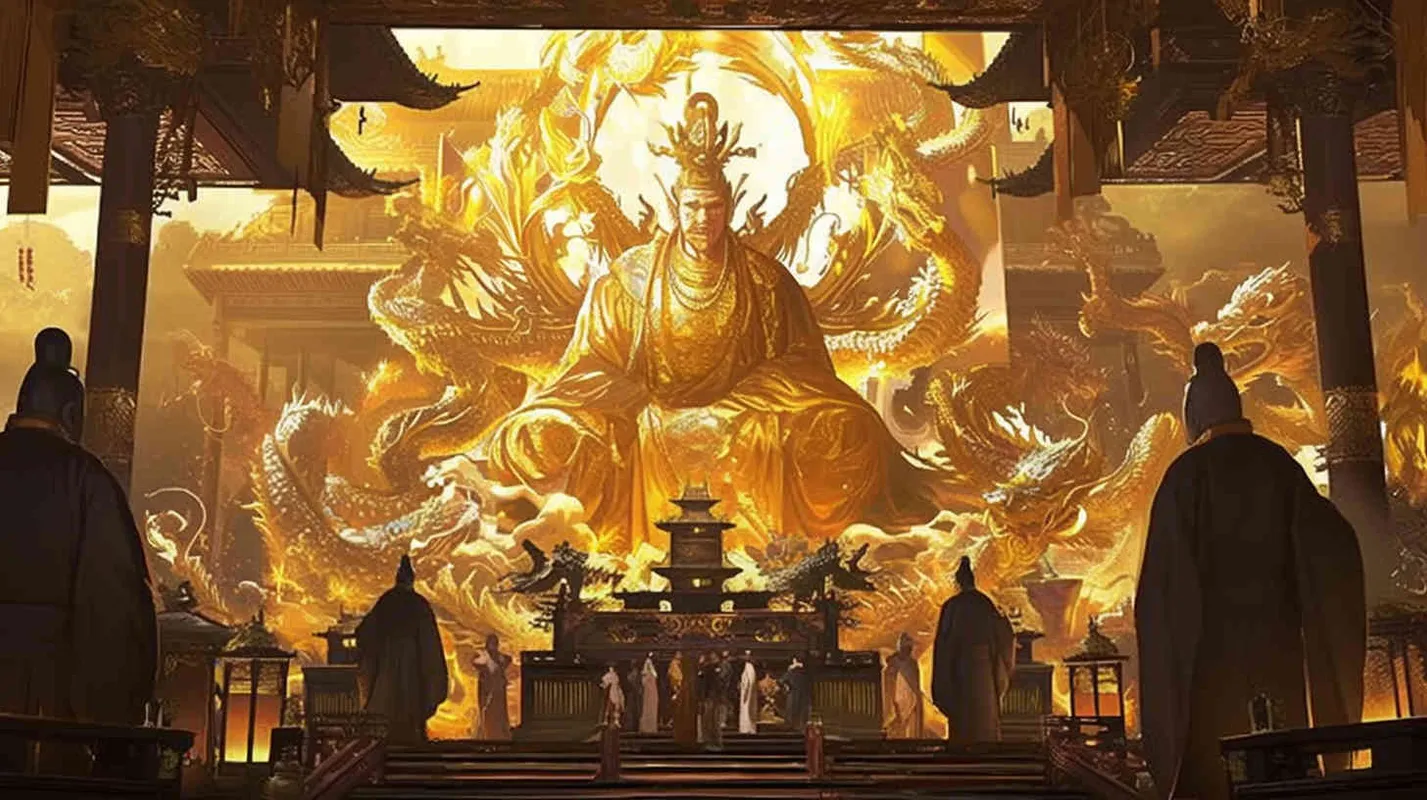 A handsome young man, tall and burly, with thick eyebrows and big eyes, a crown on his head, broad shoulders and thick back, wearing a yellow robe. His face is resolute and majestic, and his eyes are bright and lively. He is the ancestor of the Chinese people., Sitting in the magnificent palace, dozens of civil and military officials wearing black robes stood on both sides of the main hall, holding scrolls to report on national affairs. Chinese style. - style3部分