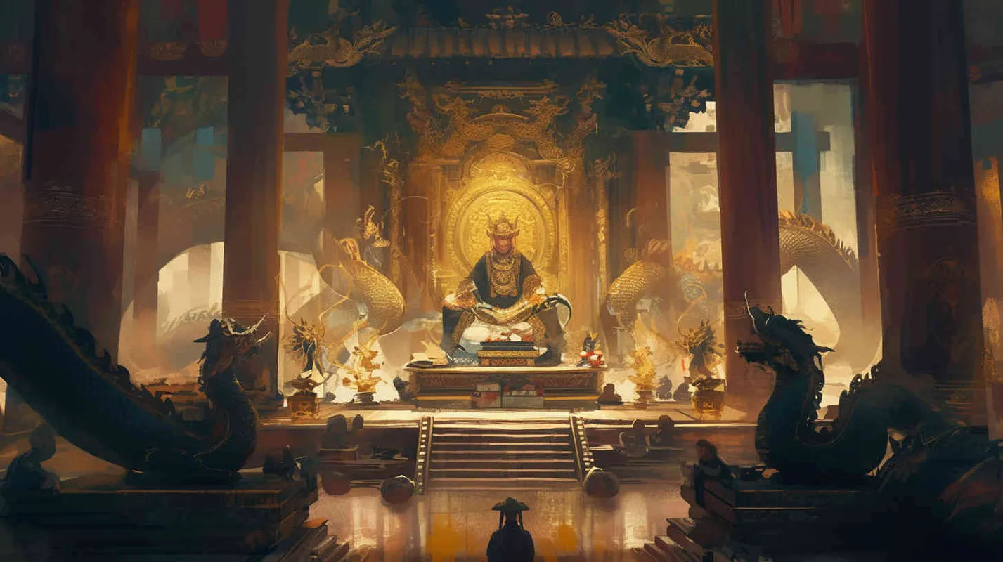 A handsome young man, tall and burly, with thick eyebrows and big eyes, a crown on his head, broad shoulders and thick back, wearing a yellow robe. His face is resolute and majestic, and his eyes are bright and lively. He is the ancestor of the Chinese people., Sitting in the magnificent palace, dozens of civil and military officials wearing black robes stood on both sides of the main hall, holding scrolls to report on national affairs. Chinese style. - style4部分