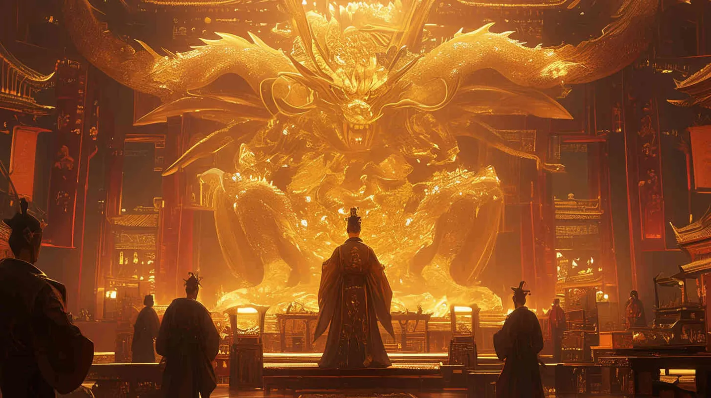 A handsome young man, tall and burly, with thick eyebrows and big eyes, wearing a crown and a yellow robe, sat in a magnificent palace. Dozens of civil and military officials in black robes stood on both sides of the hall, holding scrolls to report on national affairs. Chinese style. - style1部分