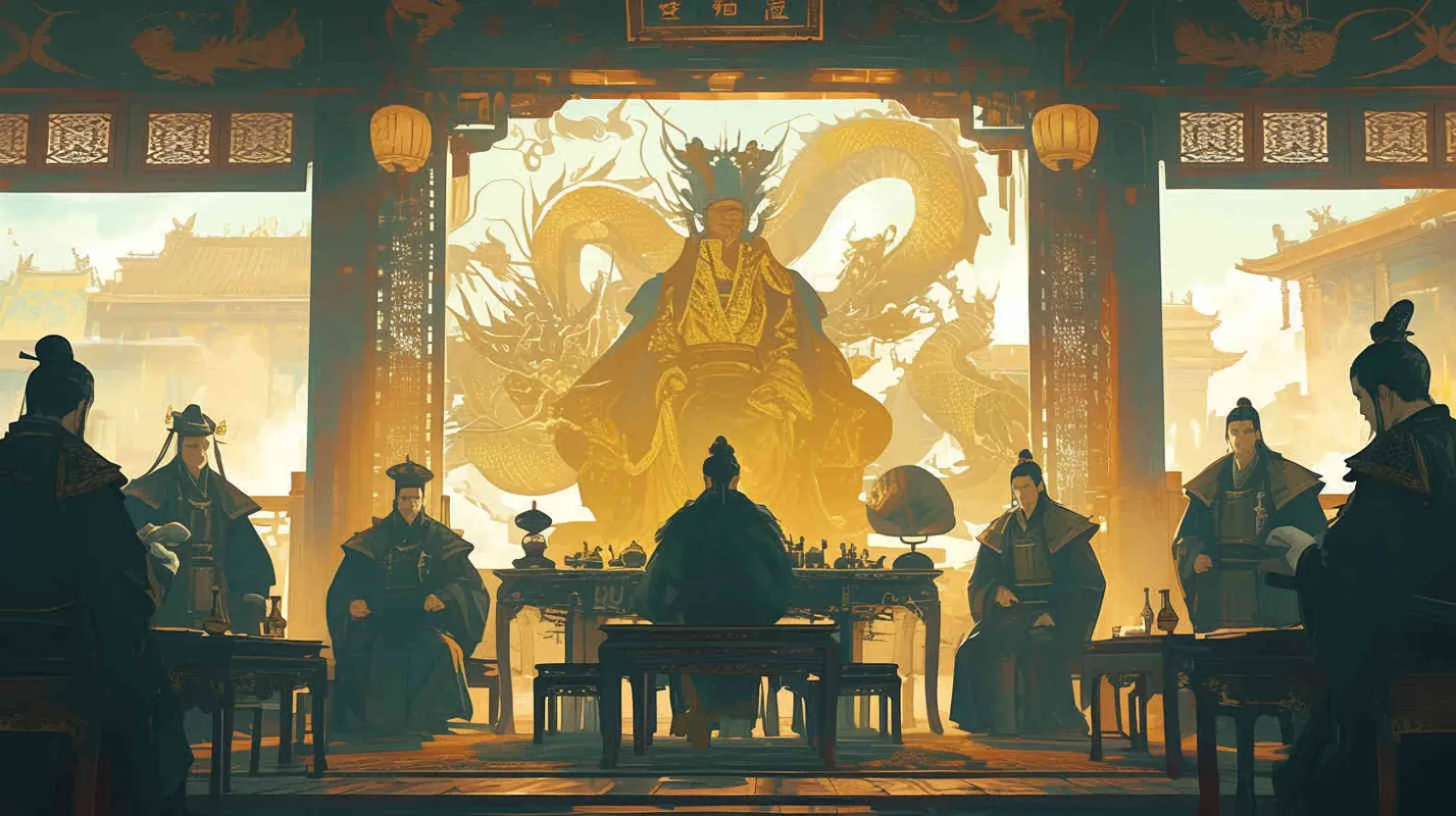 A handsome young man, tall and burly, with thick eyebrows and big eyes, wearing a crown and a yellow robe, sat in a magnificent palace. Dozens of civil and military officials in black robes stood on both sides of the hall, holding scrolls to report on national affairs. Chinese style. - style3部分