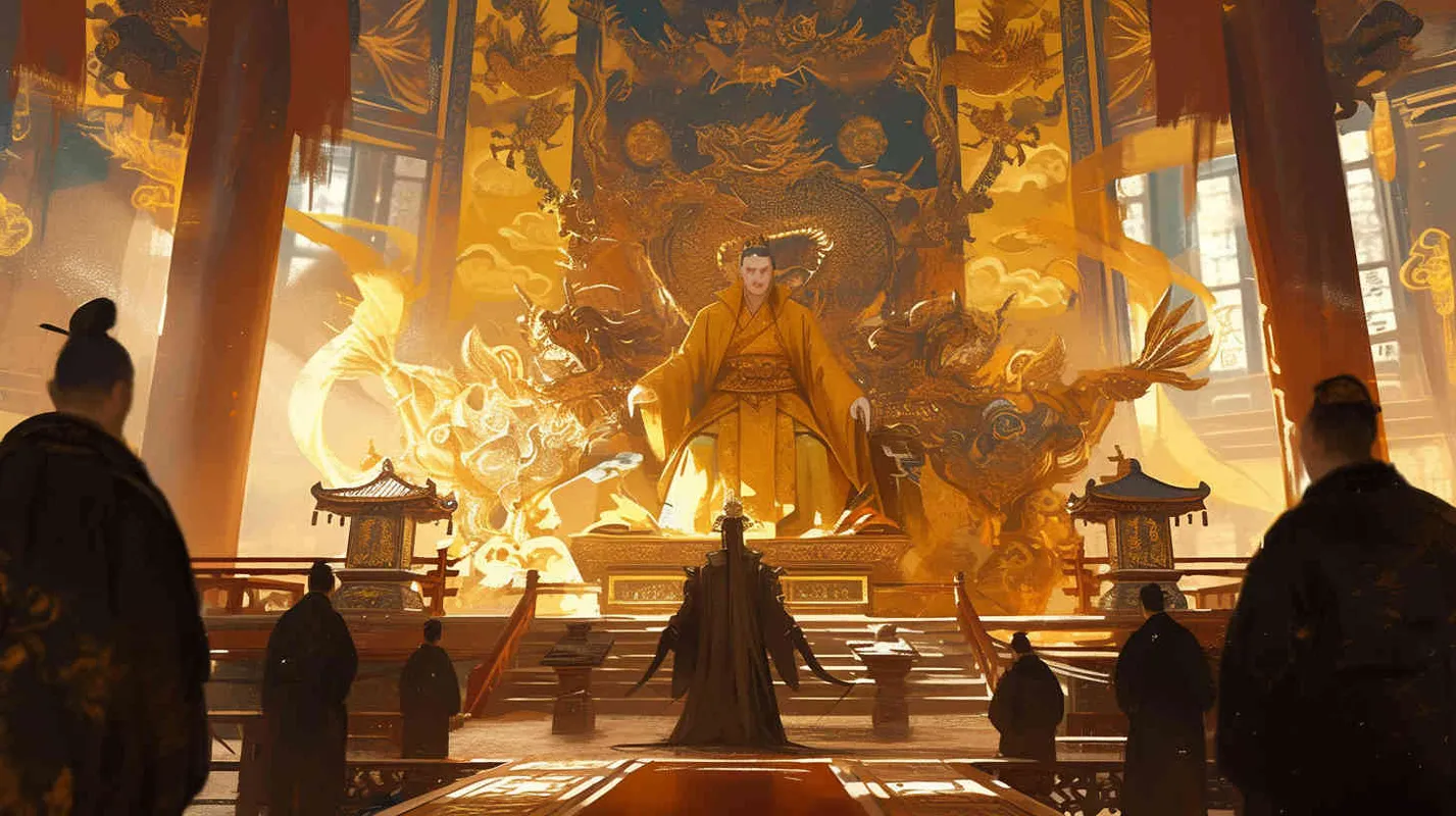 A handsome young man, tall and burly, with thick eyebrows and big eyes, wearing a crown and a yellow robe, sat in a magnificent palace. Dozens of civil and military officials in black robes stood on both sides of the hall, holding scrolls to report on national affairs. Chinese style. - style4部分