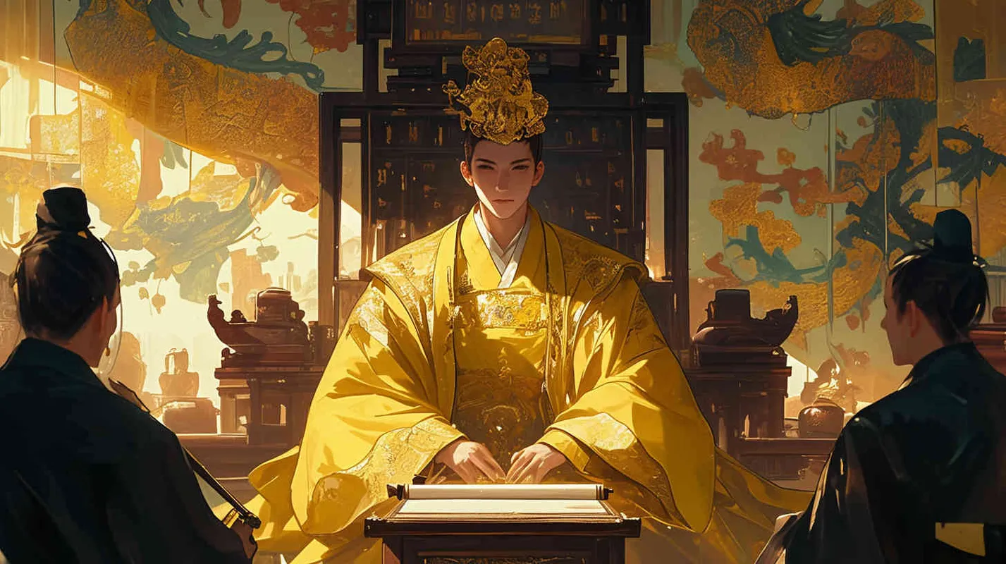 A handsome young man wearing a crown and a yellow robe sat in a magnificent palace, with dozens of officials wearing black robes standing on either side of the hall, holding scrolls to report on national affairs. Chinese style. - style1部分