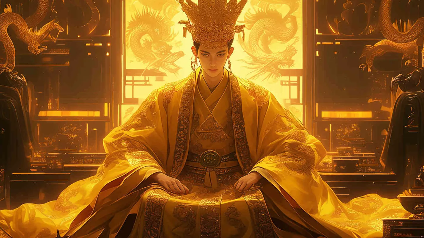A handsome young man wearing a crown and a yellow robe sat in a magnificent palace, with dozens of officials wearing black robes standing on either side of the hall, holding scrolls to report on national affairs. Chinese style. - style2部分
