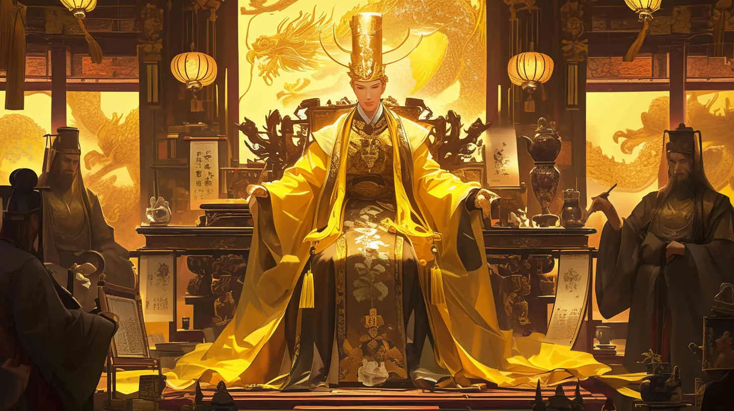A handsome young man wearing a crown and a yellow robe sat in a magnificent palace, with dozens of officials wearing black robes standing on either side of the hall, holding scrolls to report on national affairs. Chinese style. - style3部分
