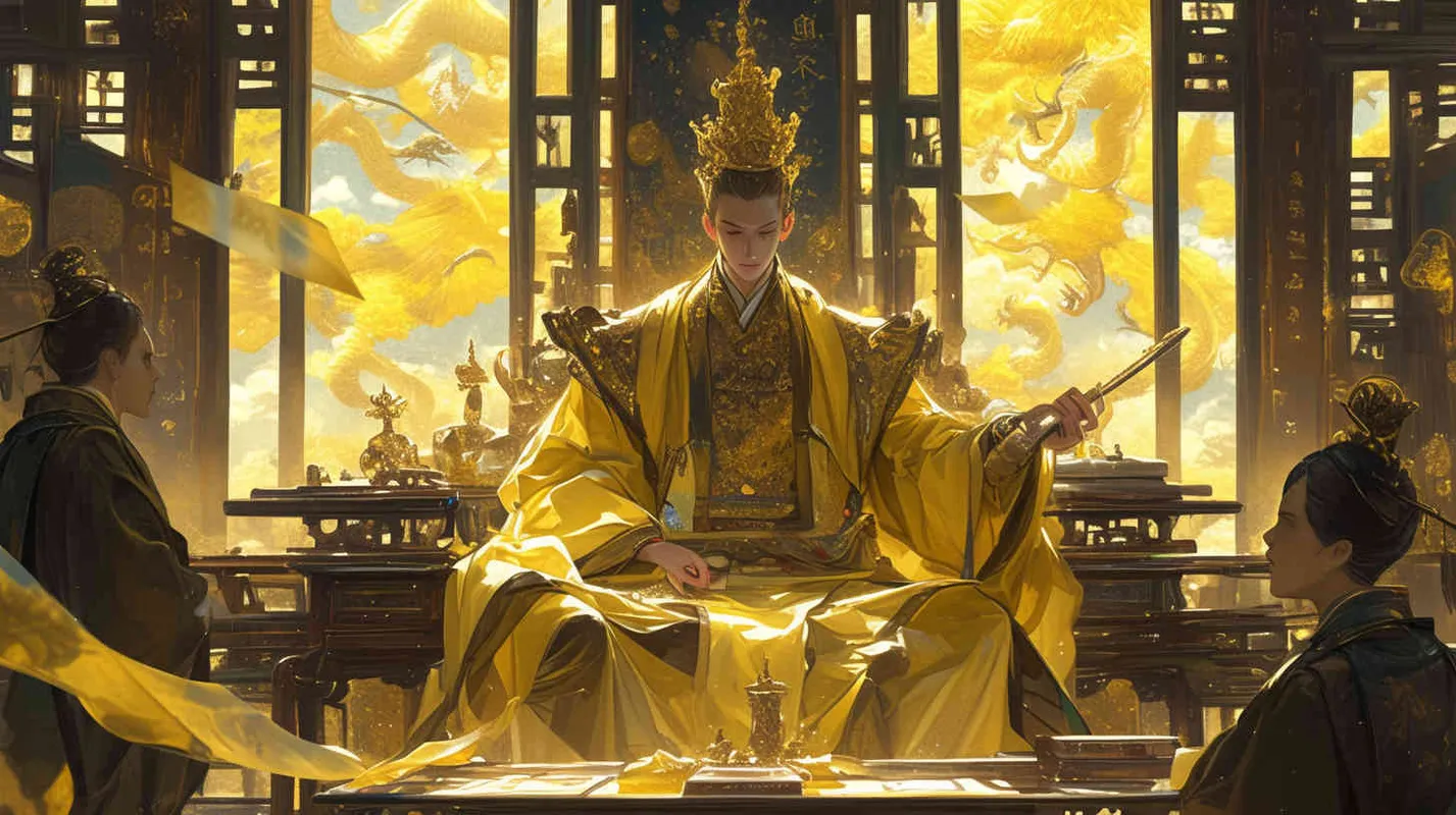 A handsome young man wearing a crown and a yellow robe sat in a magnificent palace, with dozens of officials wearing black robes standing on either side of the hall, holding scrolls to report on national affairs. Chinese style. - style4部分