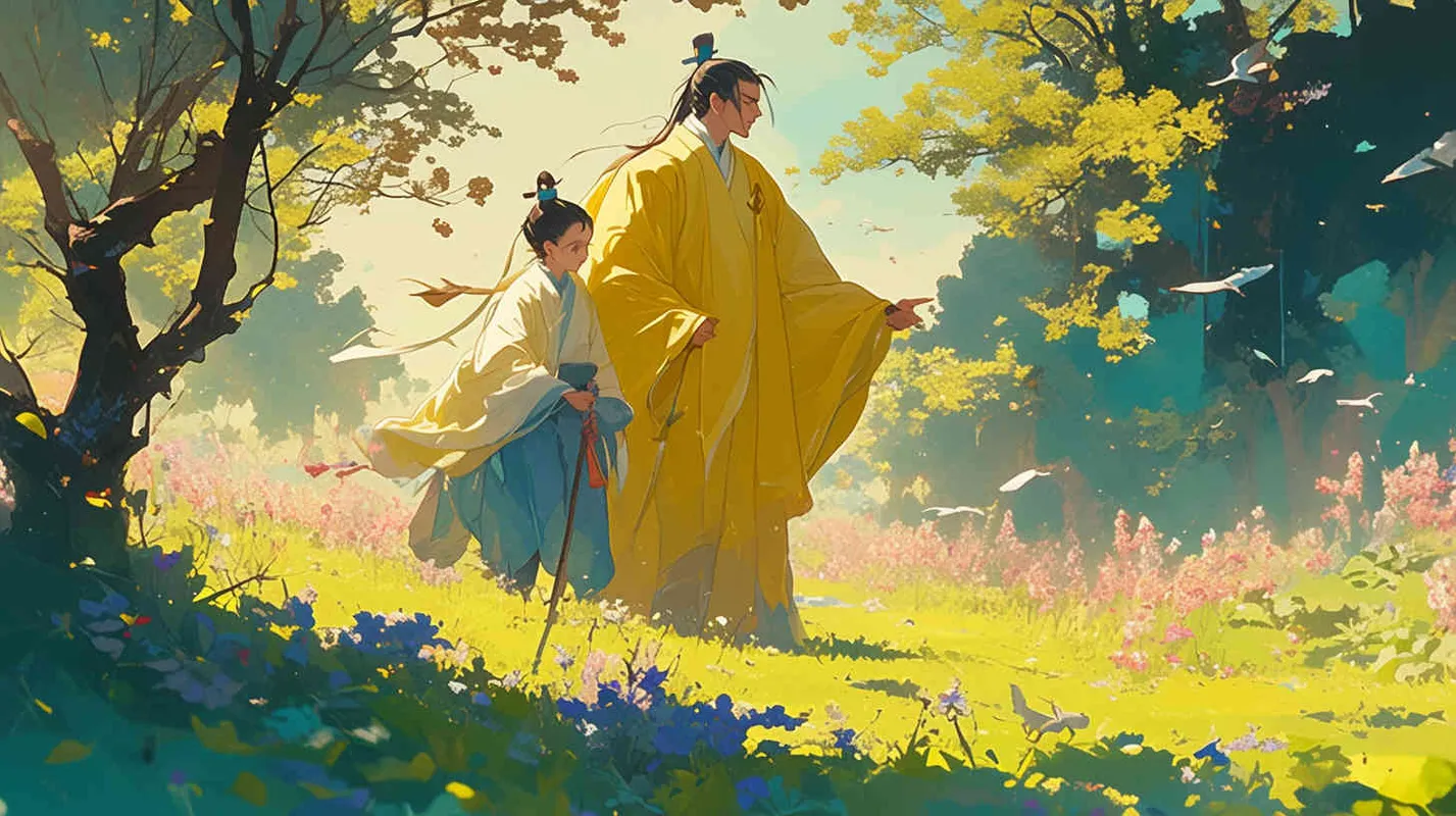 On a green meadow,
The emperor dressed in a yellow robe, guiding a young man dressed in blue, both smiling - style1部分