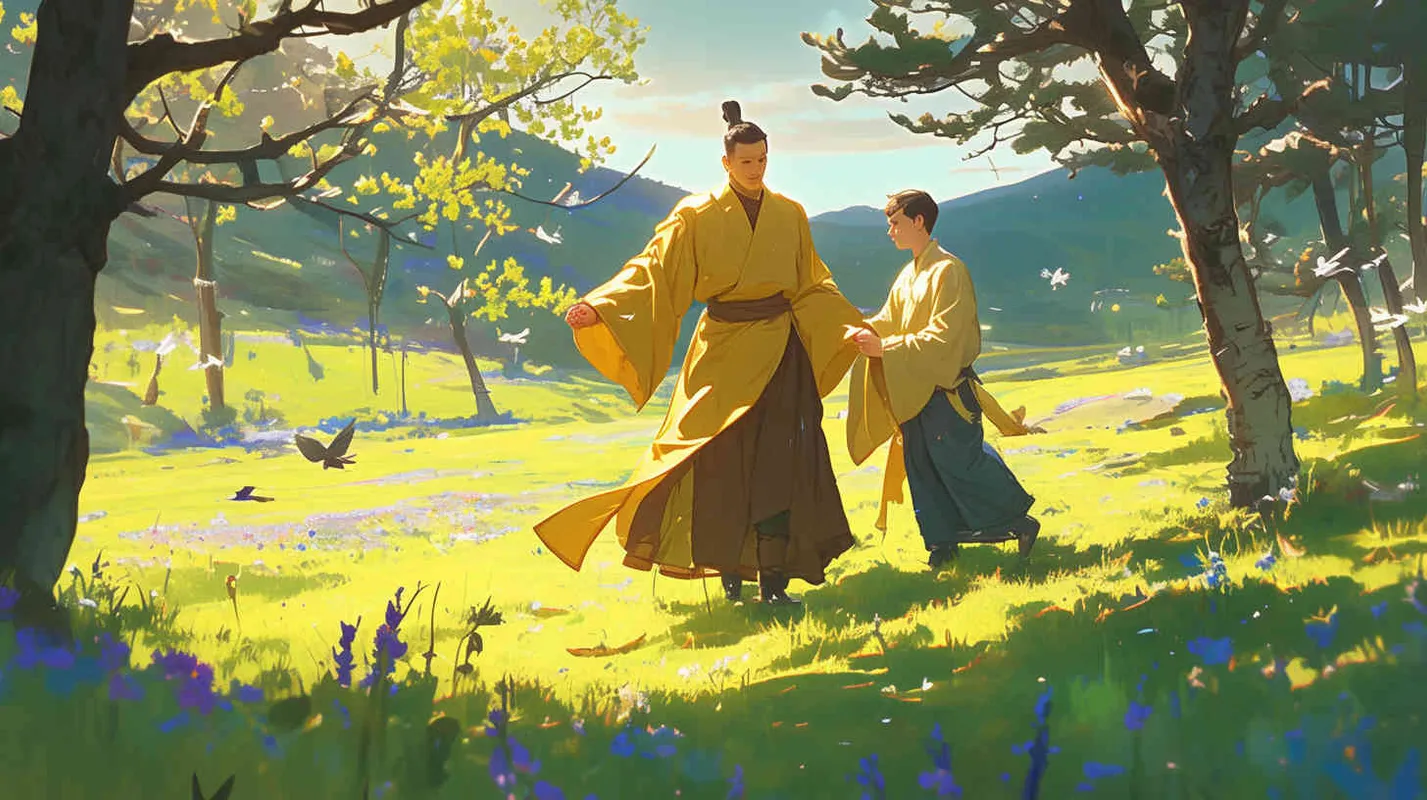 On a green meadow,
The emperor dressed in a yellow robe, guiding a young man dressed in blue, both smiling - style2部分