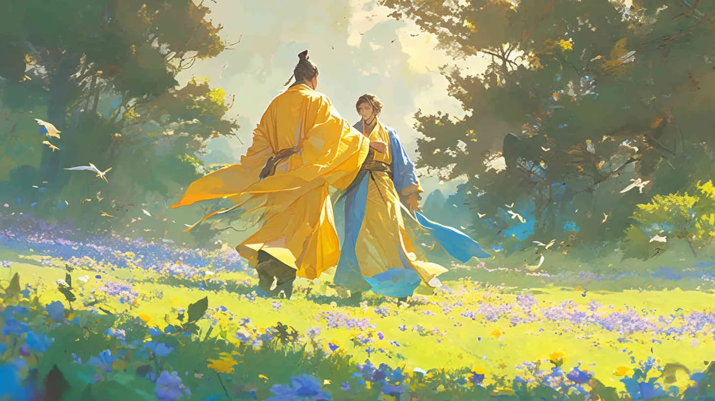 On a green meadow,
The emperor dressed in a yellow robe, guiding a young man dressed in blue, both smiling - style3部分