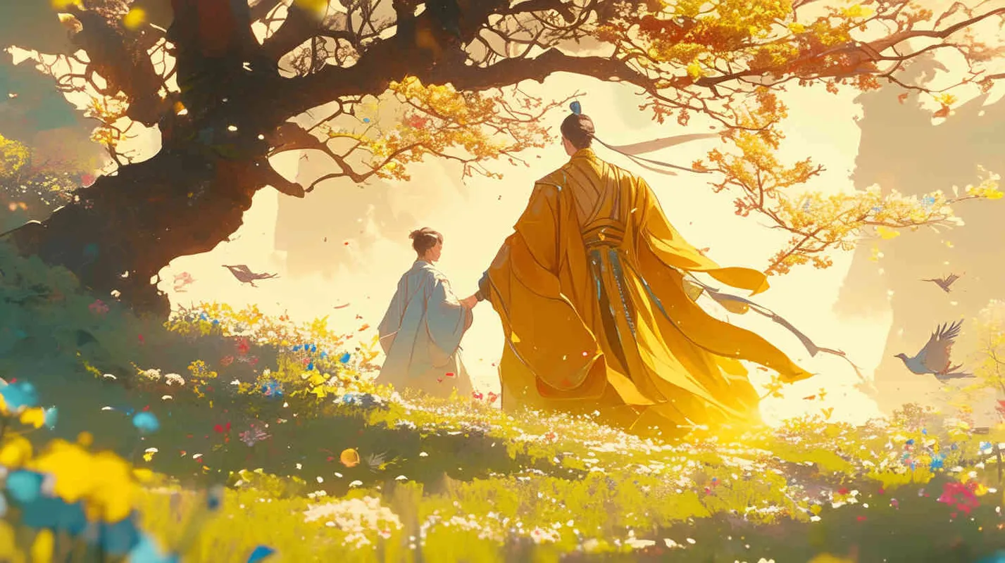 On a green meadow,
The emperor dressed in a yellow robe, guiding a young man dressed in blue, both smiling - style4部分