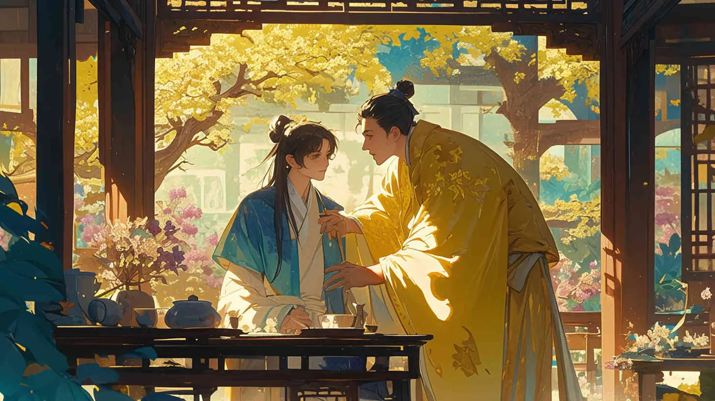 In a pavilion in a garden, a young emperor wearing a yellow robe conversed with a young man in his twenties and thirties wearing blue clothes, both smiling – AI绘画作品展示 | Midjourney中文版生成
