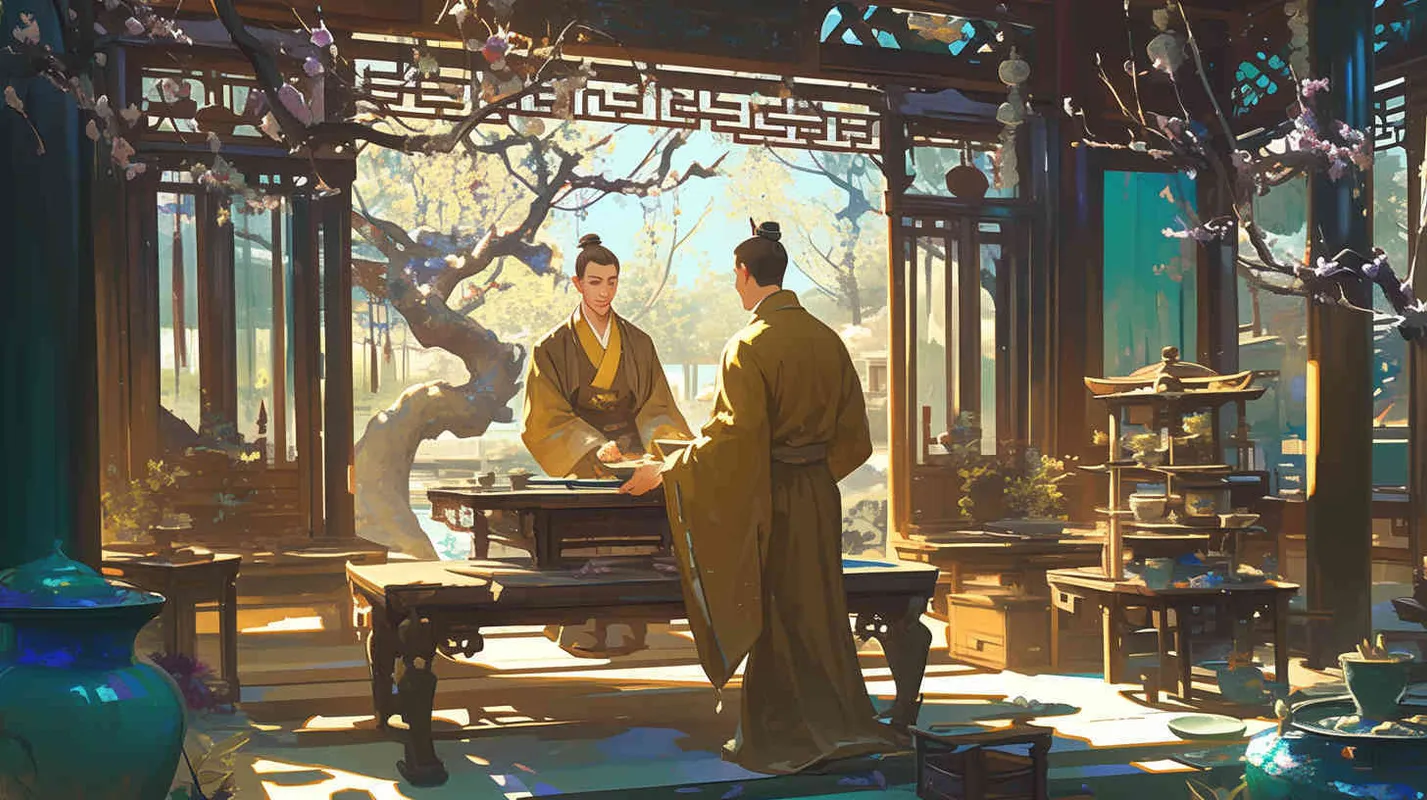 In a pavilion in a garden, a young emperor wearing a yellow robe conversed with a young man in his twenties and thirties wearing blue clothes, both smiling - style2部分