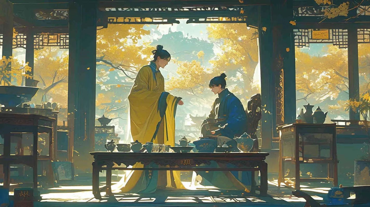 In a pavilion in a garden, a young emperor wearing a yellow robe conversed with a young man in his twenties and thirties wearing blue clothes, both smiling - style3部分