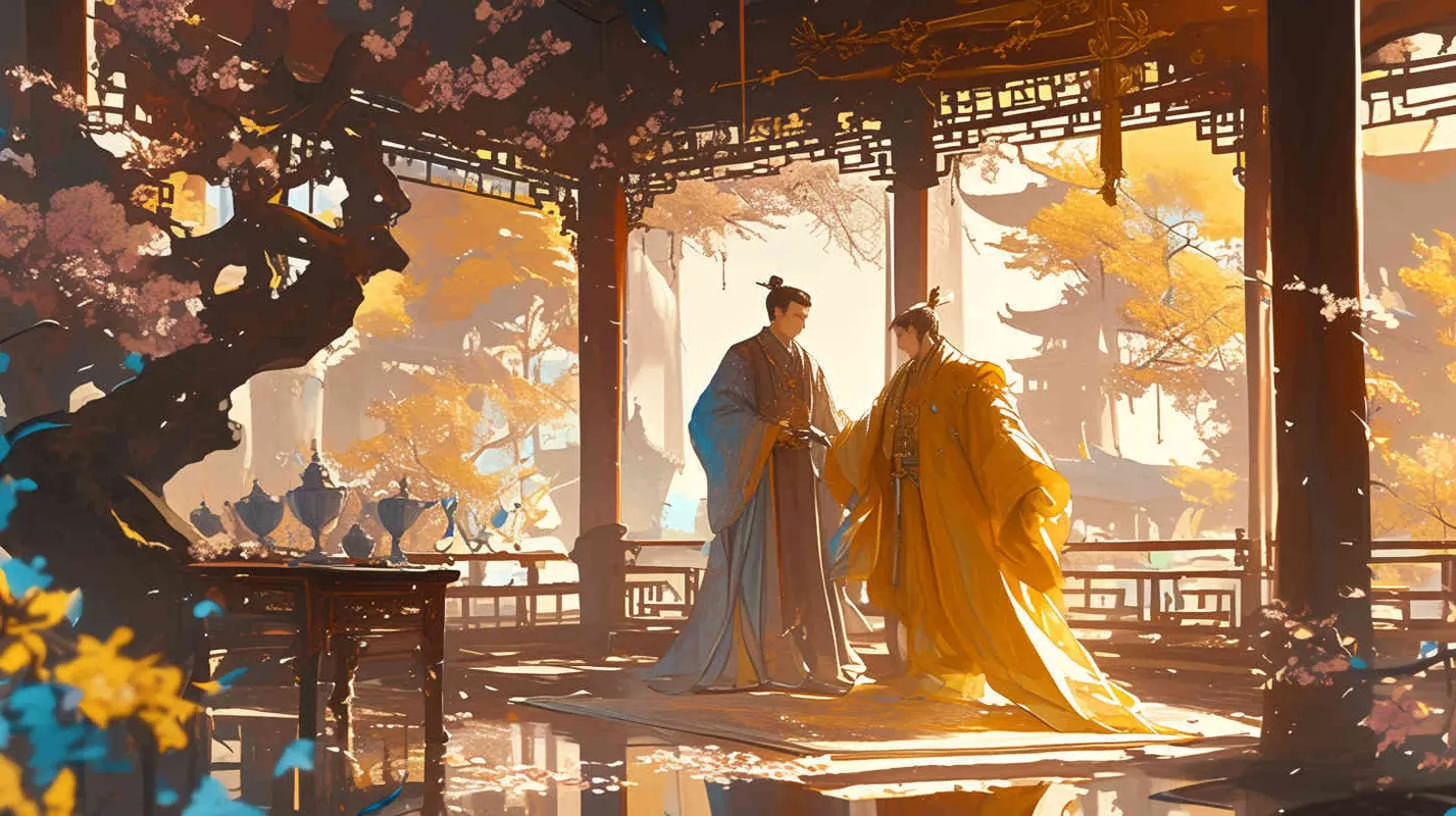 In a pavilion in a garden, a young emperor wearing a yellow robe conversed with a young man in his twenties and thirties wearing blue clothes, both smiling - style4部分