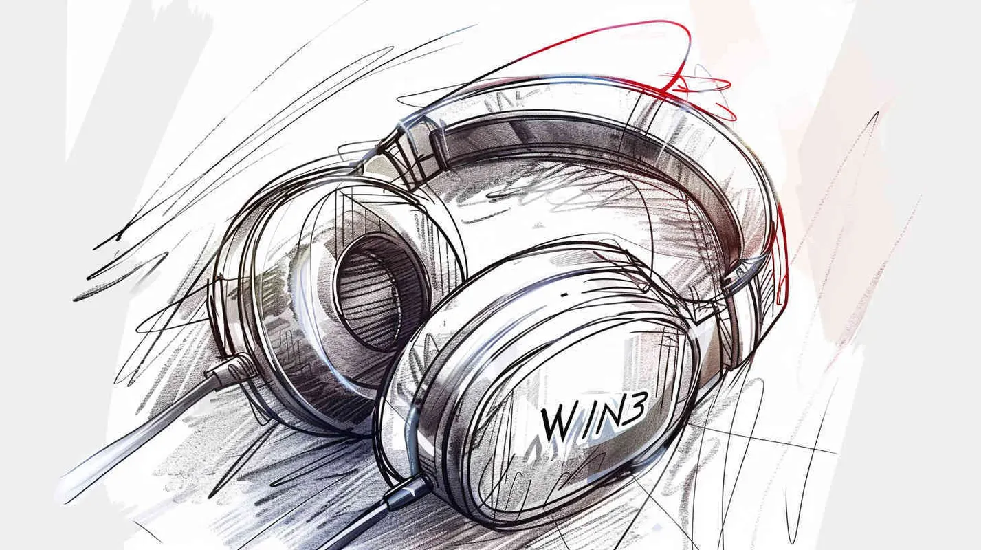 耳机设计图，铅笔和马克笔绘画风格，耳机logo“WIN3