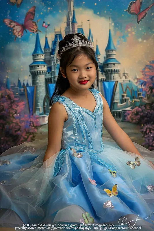 8 year old Asian girl wearing a Cinderella dress, sitting on the floor in front of a painted backdrop with a castle and butterflies, in the style of Disney portrait photography. The girl is wearing a blue princess gown with a tiara and has a princess smile with beautiful facial details. The photo was taken with a Canon EOS R5. - style1部分