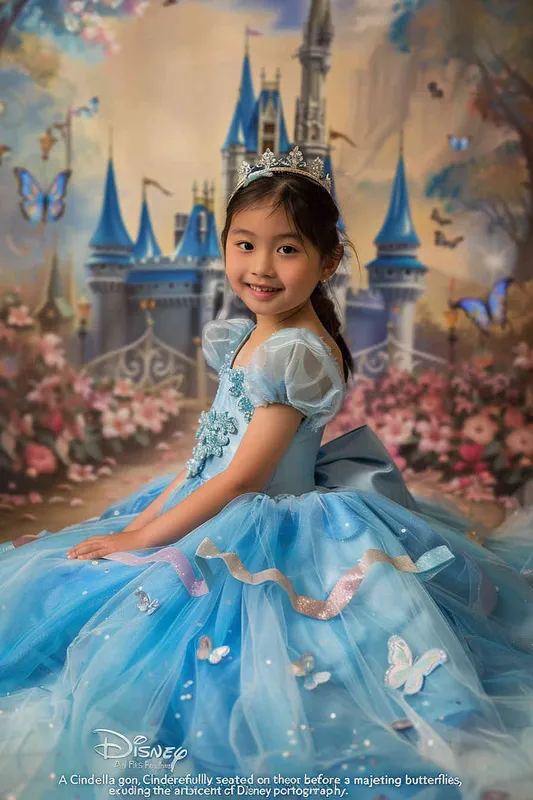 8 year old Asian girl wearing a Cinderella dress, sitting on the floor in front of a painted backdrop with a castle and butterflies, in the style of Disney portrait photography. The girl is wearing a blue princess gown with a tiara and has a princess smile with beautiful facial details. The photo was taken with a Canon EOS R5. - style2部分