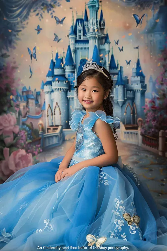 8 year old Asian girl wearing a Cinderella dress, sitting on the floor in front of a painted backdrop with a castle and butterflies, in the style of Disney portrait photography. The girl is wearing a blue princess gown with a tiara and has a princess smile with beautiful facial details. The photo was taken with a Canon EOS R5. - style3部分