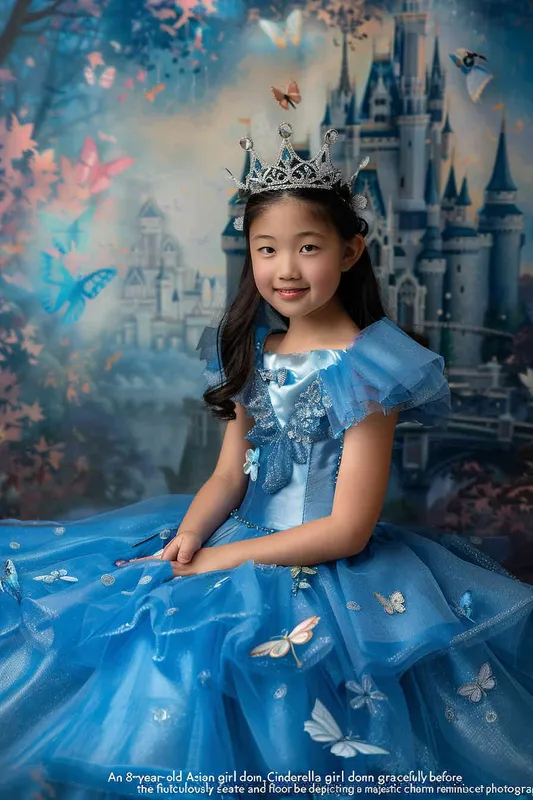 8 year old Asian girl wearing a Cinderella dress, sitting on the floor in front of a painted backdrop with a castle and butterflies, in the style of Disney portrait photography. The girl is wearing a blue princess gown with a tiara and has a princess smile with beautiful facial details. The photo was taken with a Canon EOS R5. - style4部分