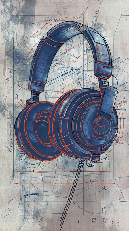 Headphone design blueprint - Hand-drawn sketch and marker rendering style - Large "WIN3" logo font with a strong design aesthetic - Color scheme conveys a mechanical feel. --ar 16:9 --s 500 - AI绘画作品展示 | Midjourney中文版生成