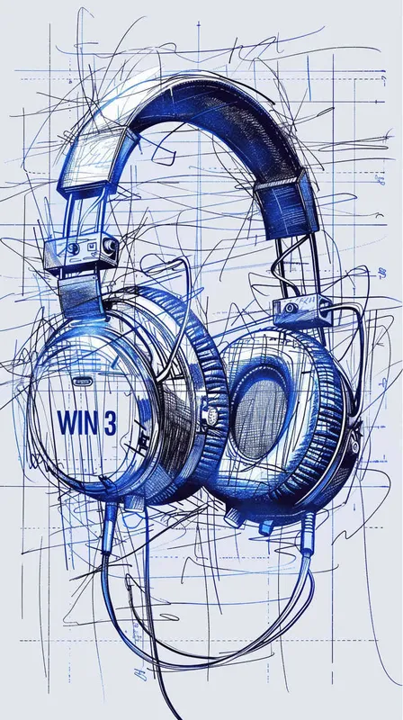 Headphone design blueprint - Hand-drawn sketch and marker rendering style - Large "WIN3" logo font with a strong design aesthetic - Color scheme conveys a mechanical feel. --ar 16:9 --s 500 - AI绘画作品展示 | Midjourney中文版生成
