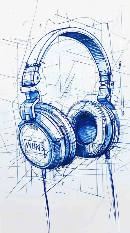 Headphone design blueprint - Hand-drawn sketch and marker rendering style - Large "WIN3" logo font with a strong design aesthetic - Color scheme conveys a mechanical feel. --ar 16:9 --s 500 - AI绘画作品展示 | Midjourney中文版生成