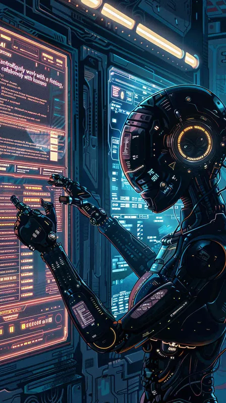 AI智能机器人与人类共同工作，场景设定在未来的工作场所，充满合作和创新氛围 - style2部分