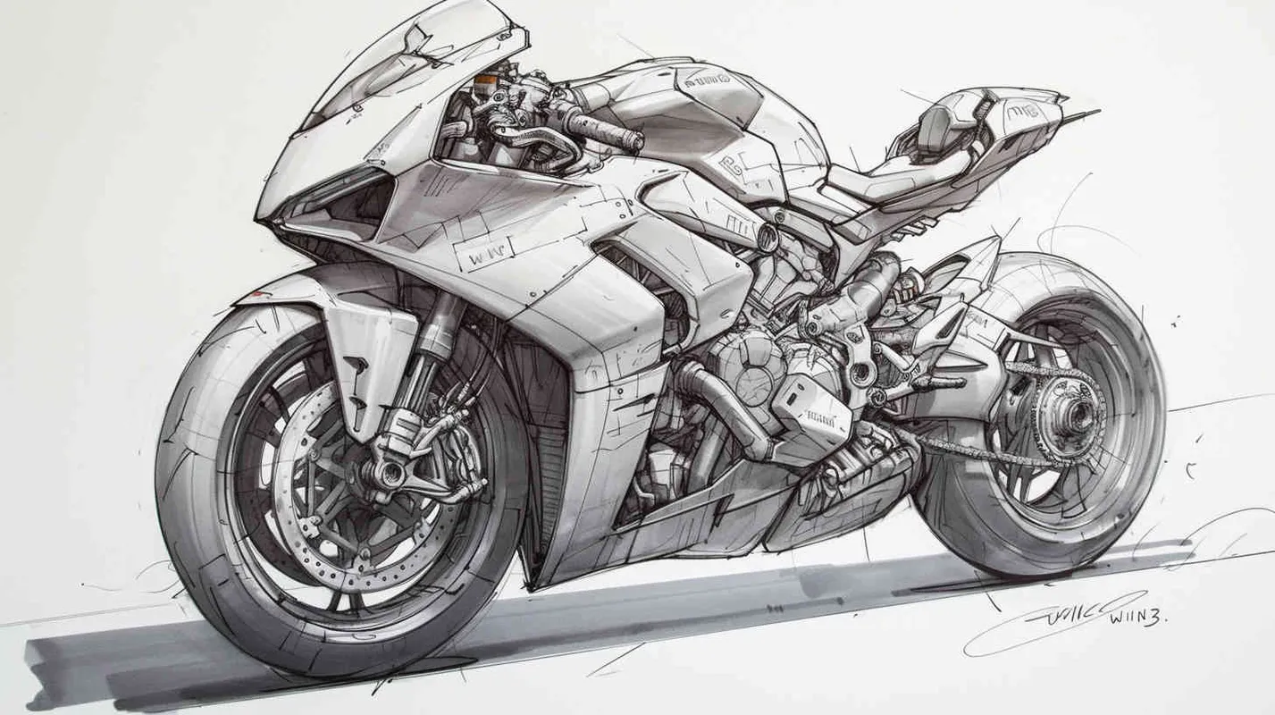 Design a motorcycle with pencil sketches from different perspectives and marker coloring effects. The entire body of the vehicle should prominently feature the large letters 