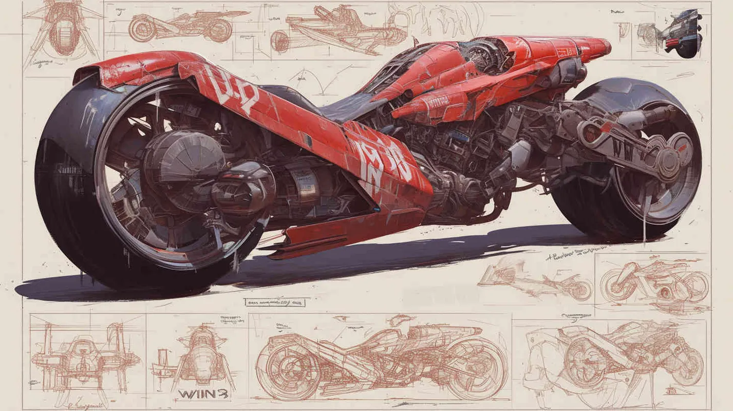 Design a motorcycle with pencil sketches from different perspectives and marker coloring effects. The entire body of the vehicle should prominently feature the large letters 