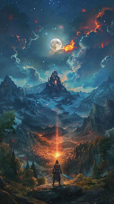 在一片神秘的夜空下，一轮明亮的月亮悬挂在远处的山脉上。月光洒在一片古老的森林中，映照出树木的轮廓和丰富的细节。在森林的深处，隐藏着一座巨大而神秘的城堡，它的塔楼高耸入云，散发着令人心悸的氛围。

城堡的门口，站立着一位英勇的战士，身披鲜艳的铠甲，手握巨剑。他的目光坚定而决绝，毫不畏惧地面对着黑暗的未知。他的身后，一束神秘的光芒从城堡中射出，洒在他身上，照亮了周围的一切。

在游戏的封面上方，用浓重的字体写着游戏的名称，字体上方则燃烧着熊熊烈火，散发出一种神秘而强大的能量。整个封面充满着冒险和神秘的氛围，让人无法抗拒地想要探索其中的秘密 - style3部分