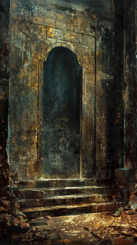 Underground city, Behind the stone door, looking down from the hill, are the remains of an ancient and magnificent city, with mysterious runes carved all over the walls,CG original painting, fantasy mythology references, surreal murals, dark gold and aquamarine, poster concept art - style1部分